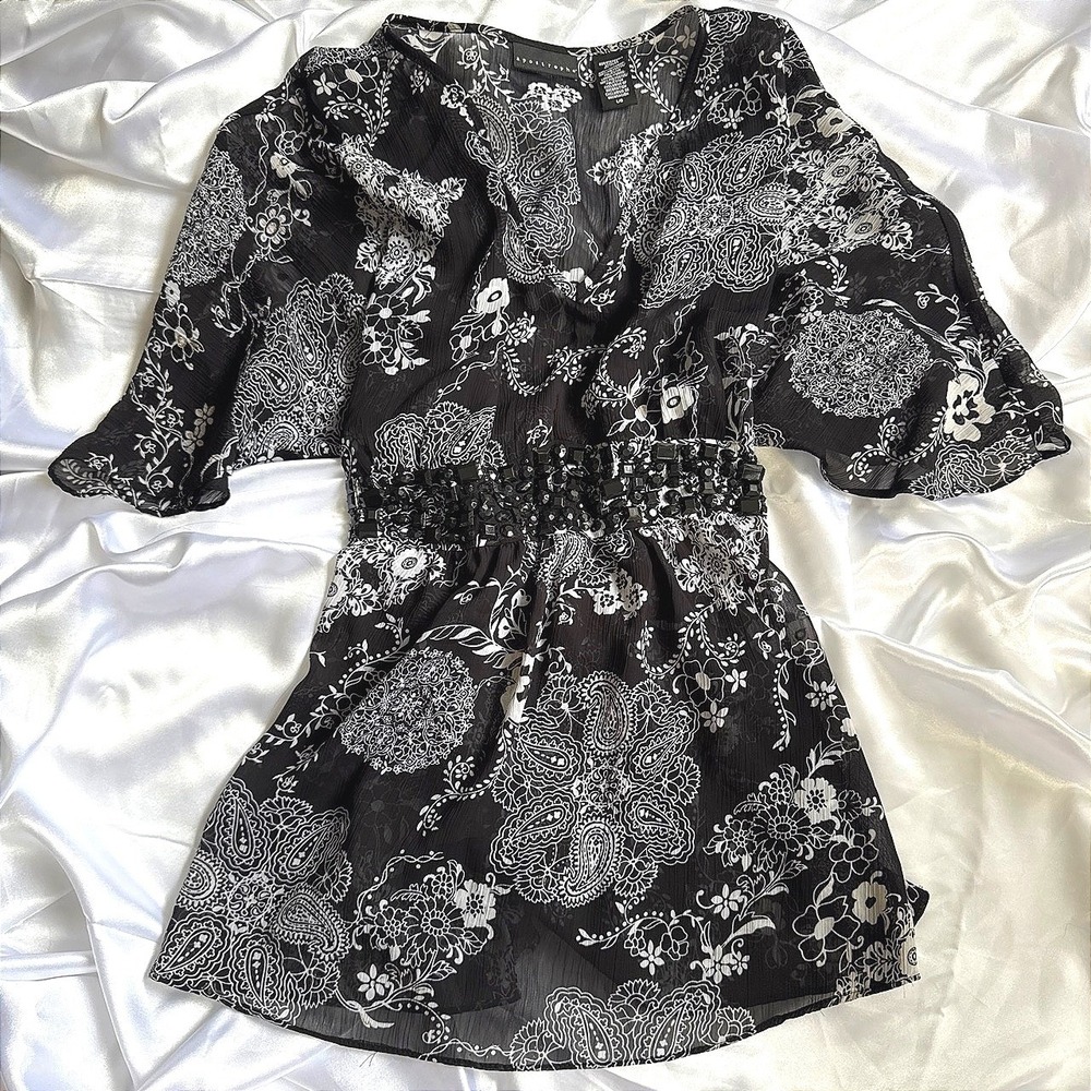 Apostrophe Black White Paisley Floral Beaded Waist Tunic Top Large